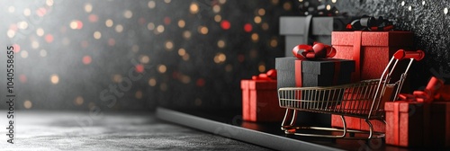 A festive display of red gifts and a shopping cart against a dark background