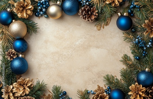Decorative Christmas arrangement with blue and gold ornaments on a light text...