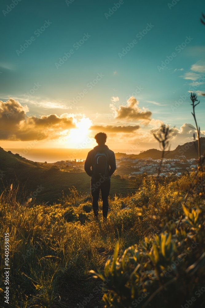 Fototapeta premium A person admiring a sunset over hills and a small town while walking on a grassy trail in the countryside during late afternoon