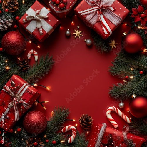 Holiday gifts with red decor and shimmering lights on a vibrant red backdrop