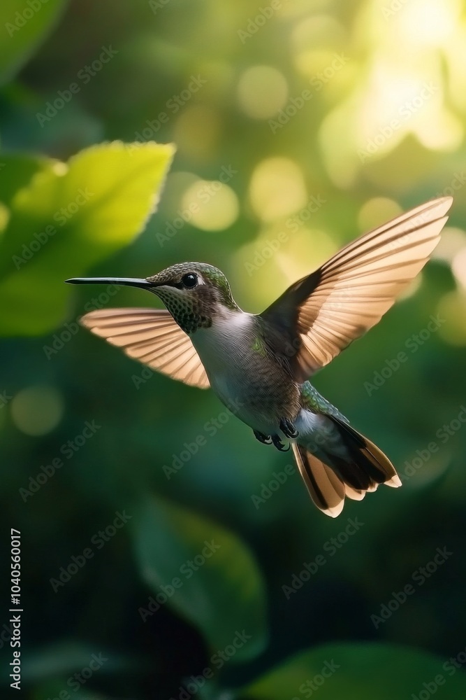 Fototapeta premium A hummingbird hovers delicately in a vibrant green garden during a sunny afternoon