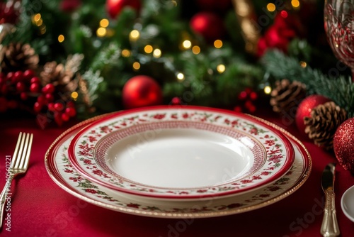 Elegant holiday dining setting with decorative plate and festive table arrang...
