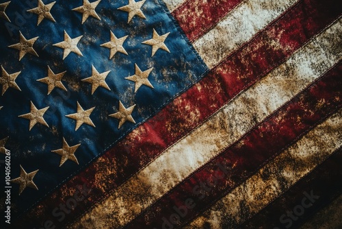Close up view of an American flag showcasing stars and stripes with intricate...