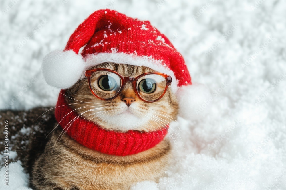 Cute cat wearing a Santa hat and glasses in snow Cute cat wearing a Santa hat and glasses in snow