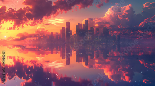 fantasy cityscape, silhouetted skyscrapers and vibrant sunset colors create a stunning cityscape reflection on calm water, enhanced by sunlit clouds