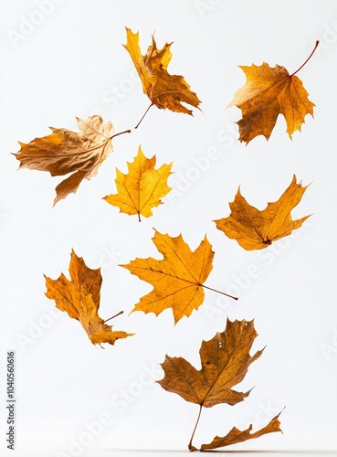 Isolated white background with autumn maple leaves falling down