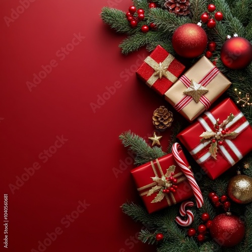 Holiday gifts with red decor and shimmering lights on a vibrant red backdrop