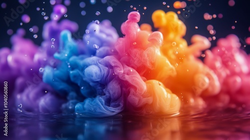 Colorful vapor rising above a tranquil reflective surface in a dreamy, illumi...