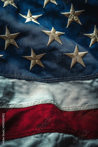 A close up view of an American flag displaying its stars and stripes on a tex...