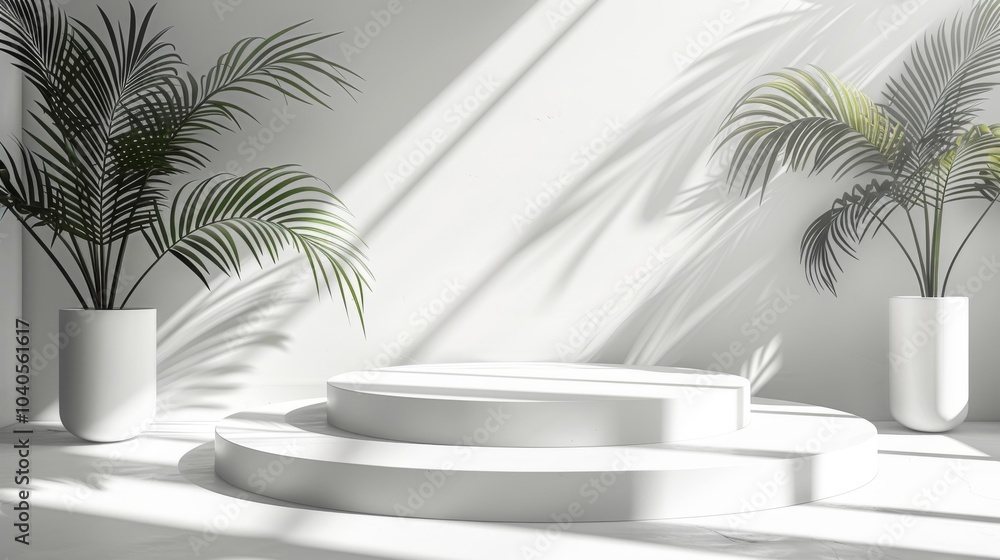Fototapeta premium Abstract 3D white space, cylinder podium set, palm leaf shadows, elegant product showcase