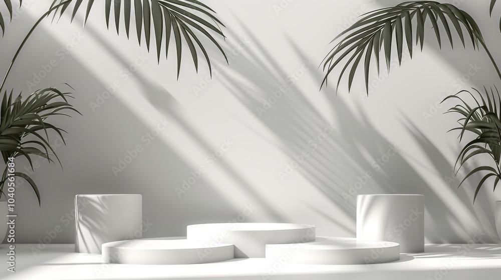 Abstract 3D white space, cylinder podium set, palm leaf shadows, elegant product showcase Abstract 3D white space, cylinder podium set, palm leaf shadows, elegant product showcase