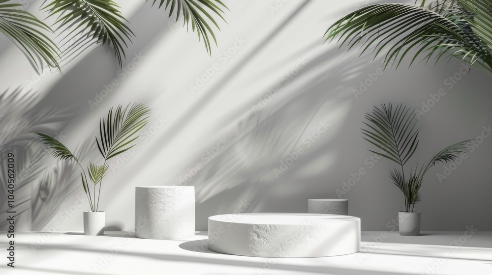 Obraz premium Abstract 3D white space, cylinder podium set, palm leaf shadows, elegant product showcase