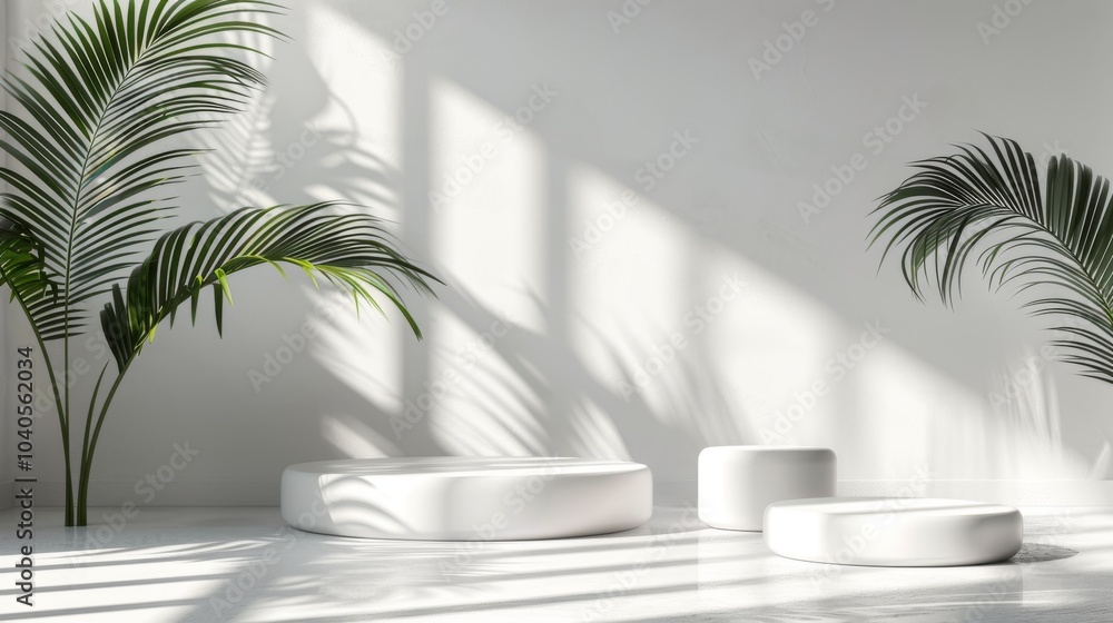Abstract 3D white space, cylinder podium set, palm leaf shadows, elegant product showcase Abstract 3D white space, cylinder podium set, palm leaf shadows, elegant product showcase