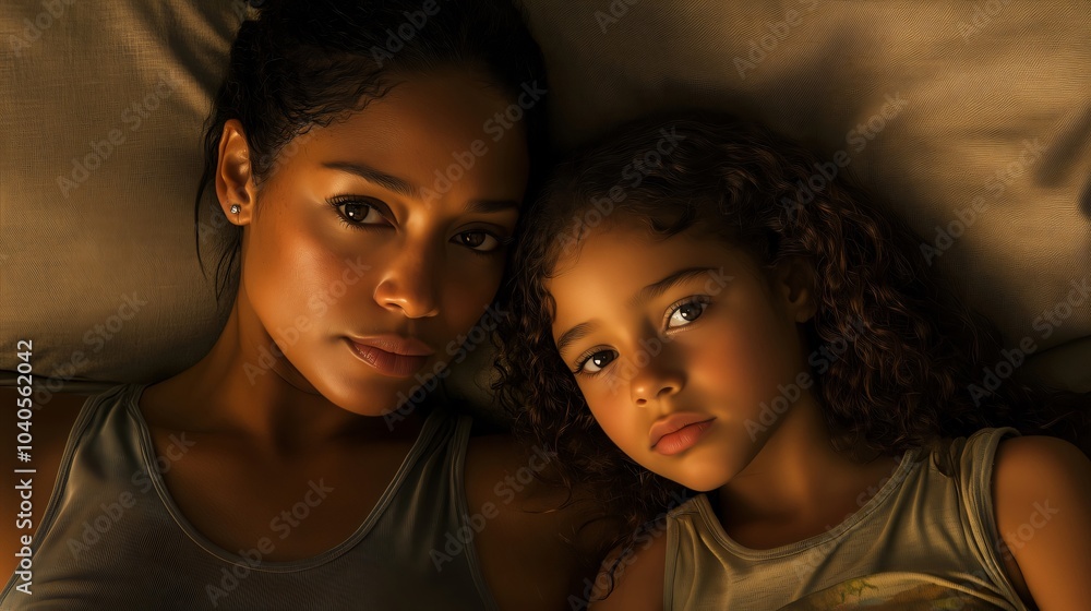 Mother and daughter sharing a moment lying down on bed Mother and daughter sharing a moment lying down on bed