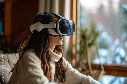 Woman exploring virtual reality with a VR headset at home