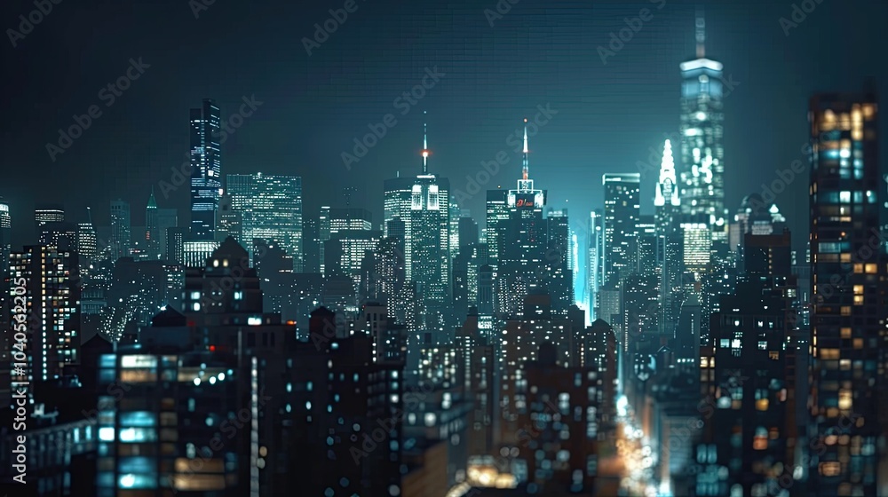 A close-up of the New York City skyline at night, showcasing the detailed architecture and bright lights of the high-rise buildings against a dark sky A close-up of the New York City skyline at night, showcasing the detailed architecture and bright lights of the high-rise buildings against a dark sky