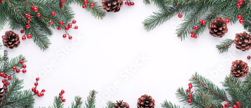 Christmas Border with Pine Cones, Holly Berries and Fir Branches on White Background, Holly Berries and Fir Branches