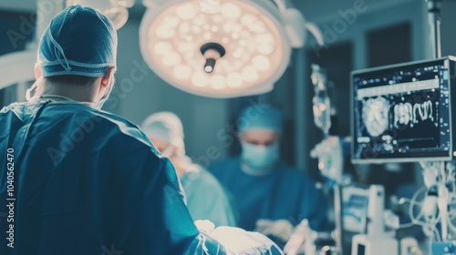 A detailed image of a surgeon performing a laparoscopic surgery procedure in an operating room, with surgical team and advanced technology monitors, Surgical style