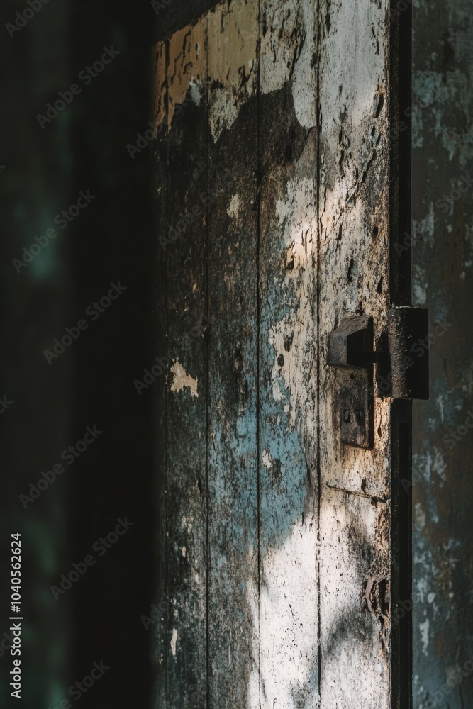 A forgotten wooden door reveals nature's shadows in an abandoned rustic space during daylight hours A forgotten wooden door reveals nature's shadows in an abandoned rustic space during daylight hours
