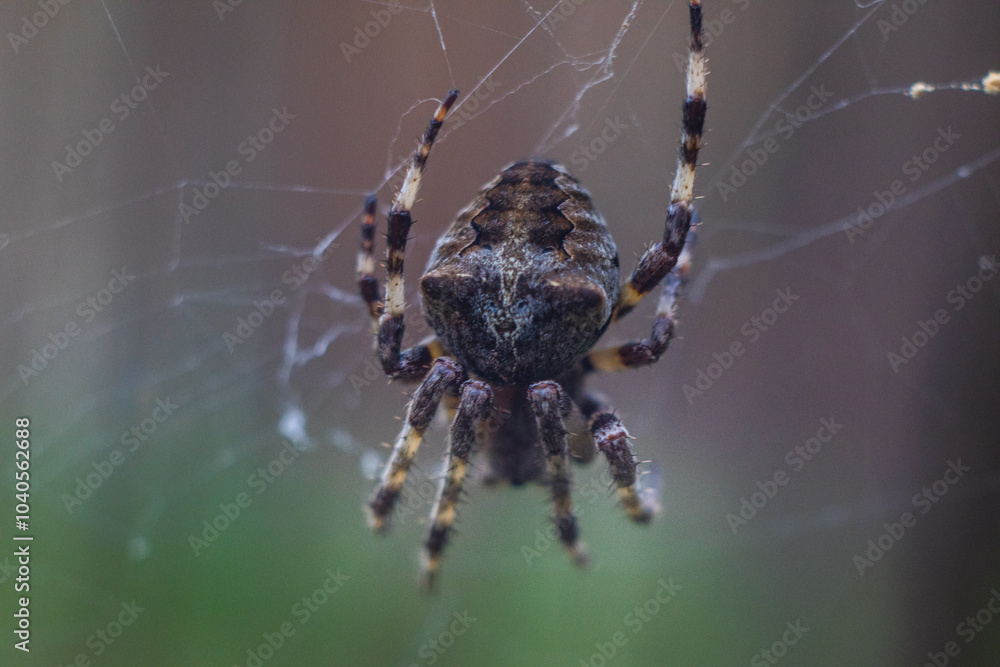 Araneus big spider. large spider, Araneus, sitting on a web. Spider. Macro photo of a garden spider on a web against a natural gray background. Araneus big spider. large spider, Araneus, sitting on a web. Spider. Macro photo of a garden spider on a web against a natural gray background.