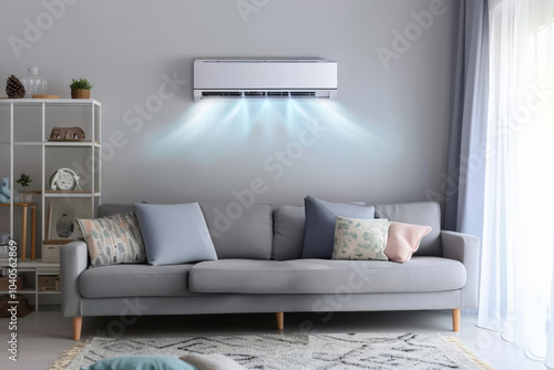 Modern air conditioner cooling a stylish living room with decorative cushions