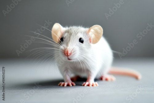 A close-up of a curious white mouse exploring its surroundings in a bright indoor setting