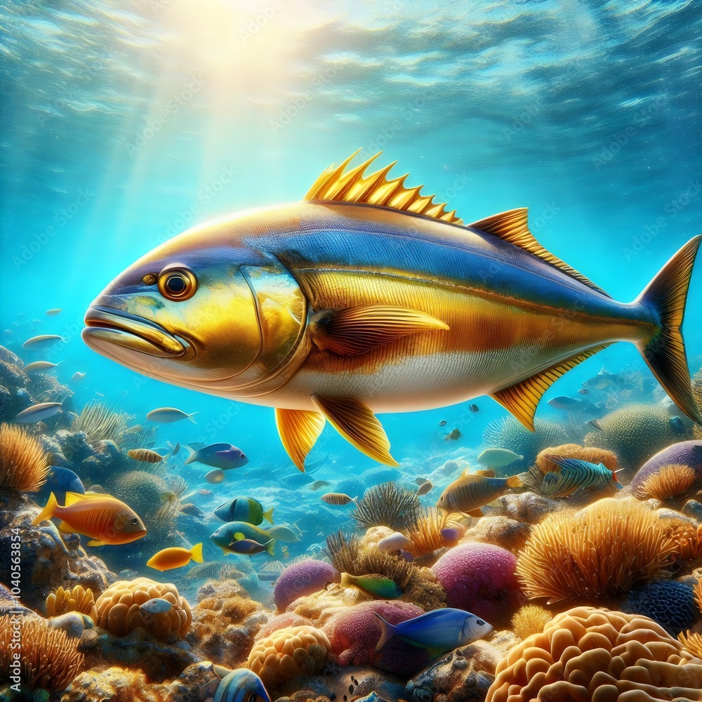 Naklejka premium coral reef with dorado fish underwater