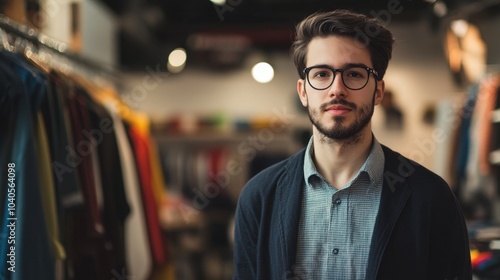 Young man managing a clothing store, minimal background with ample copy space focusing on his role.