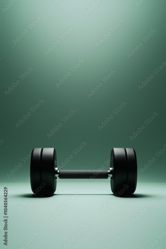 single black dumbbell placed on a smooth green background with a minimalist, clean composition. The lighting creates a subtle gradient on the backdrop, emphasizing the dumbbell single black dumbbell placed on a smooth green background with a minimalist, clean composition. The lighting creates a subtle gradient on the backdrop, emphasizing the dumbbell