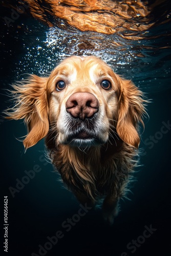 Golden retriever swimming underwater in a serene environment during daylight ...