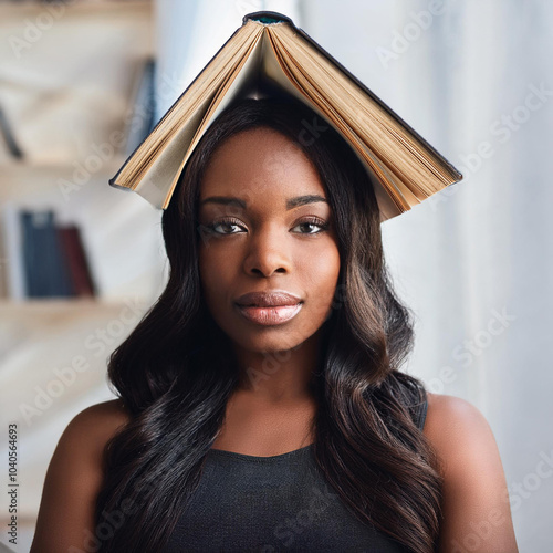 Giovane donna con un libro in testa photo