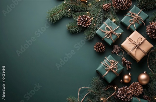 Elegant Christmas gifts arranged with pinecones and festive greenery on dark ...
