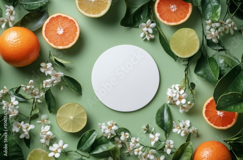 Colorful arrangement of citrus fruits and flowers on a pastel green surface a...
