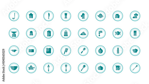 Set of vector icons of kitchen utensils in blue color with white background