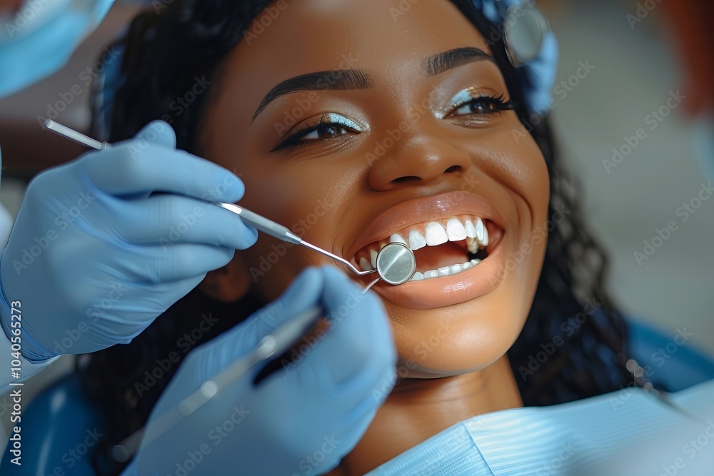 Woman getting a dental examination from a skilled dentist with a brilliant smile and pristine white teeth in a dental office. Woman getting a dental examination from a skilled dentist with a brilliant smile and pristine white teeth in a dental office.