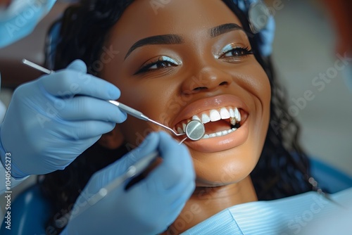 Woman getting a dental examination from a skilled dentist with a brilliant smile and pristine white teeth in a dental office.