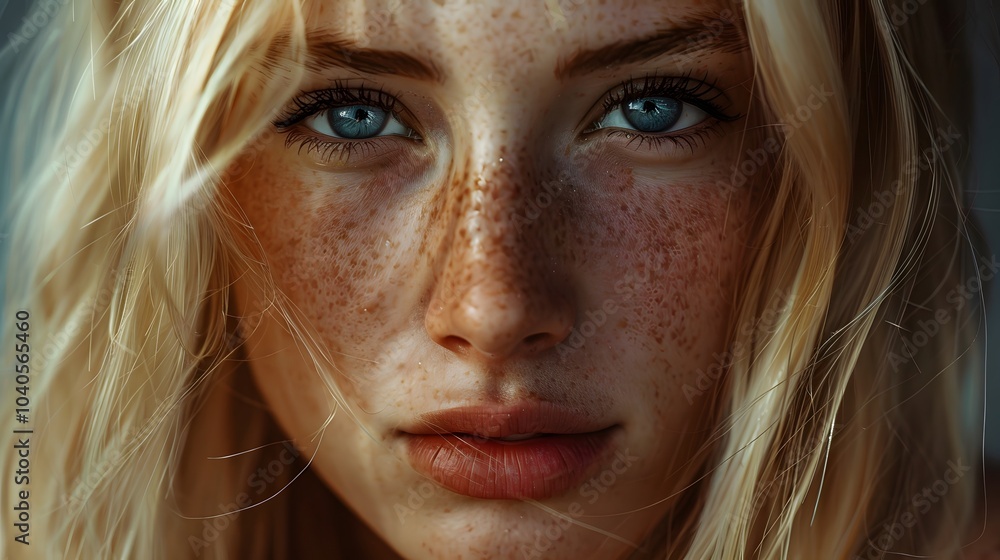 Close-up portrait of a pretty model blonde girl with freckles Close-up portrait of a pretty model blonde girl with freckles