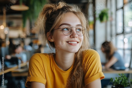 Young woman smiling in a cozy cafe surrounded by greenery during the afternoon