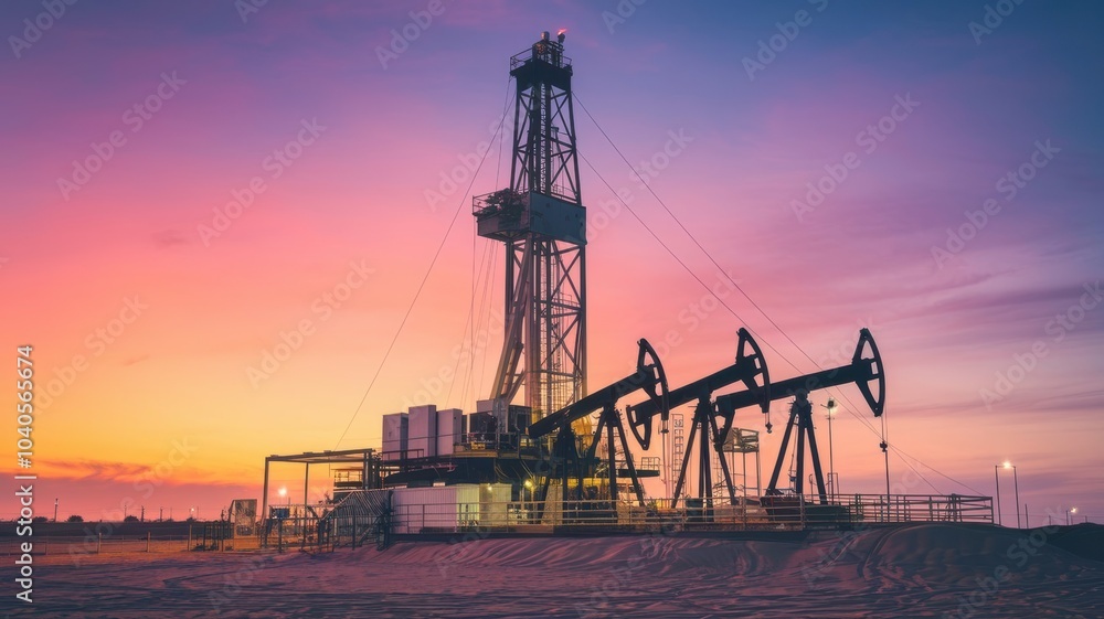 A Large Drilling Rig Operates at Sunset to Extract Fossil Fuels From the Ground in a Remote Location. Generative AI A Large Drilling Rig Operates at Sunset to Extract Fossil Fuels From the Ground in a Remote Location. Generative AI
