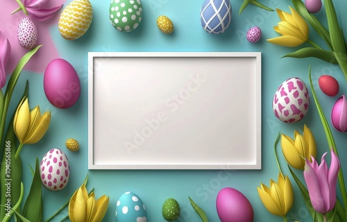 Pastel backdrop features colorful Easter eggs and flowers around a blank frame