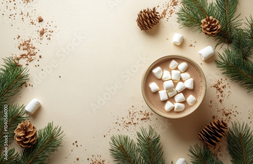 Warm cocoa topped with marshmallows surrounded by pine branches and pinecones...