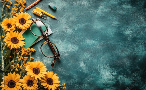 Bright yellow flowers and office supplies arranged on a teal background