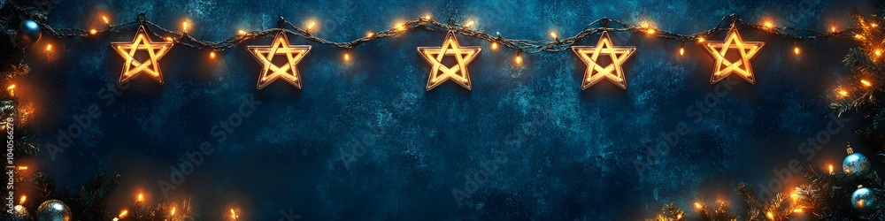 Fototapeta premium Star of David string lights on blue background. Hanukkah celebration concept. Jewish holiday and religious symbol. Judaism traditions. Banner, greeting card with copy space