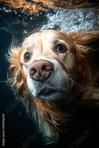 Golden retriever swimming underwater in a serene environment during daylight ...