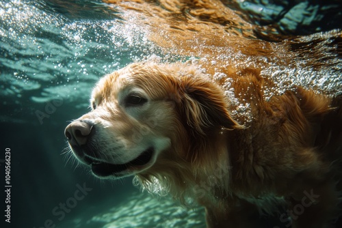 Golden retriever swims energetically underwater at a beautiful beach during s...