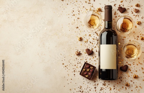 Elegant white wine bottle with glass and heart shaped decorations on a tablet...