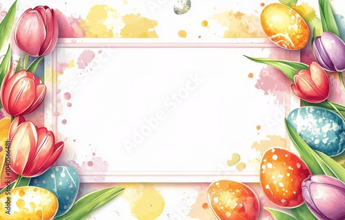 Pastel backdrop features colorful Easter eggs and flowers around a blank frame