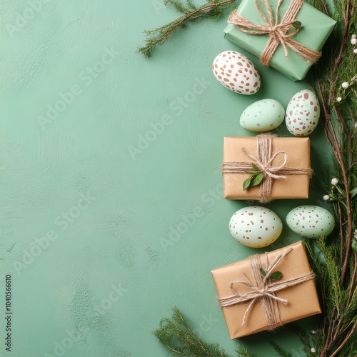 Presents wrapped in brown and green paper with twine on a green background wi...