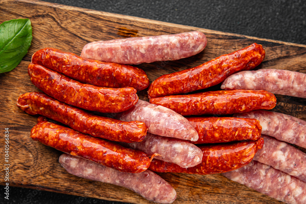 raw sausages beef, pork, chicken, lamb, dish fresh delicious gourmet food background on the table rustic food top view copy space raw sausages beef, pork, chicken, lamb, dish fresh delicious gourmet food background on the table rustic food top view copy space