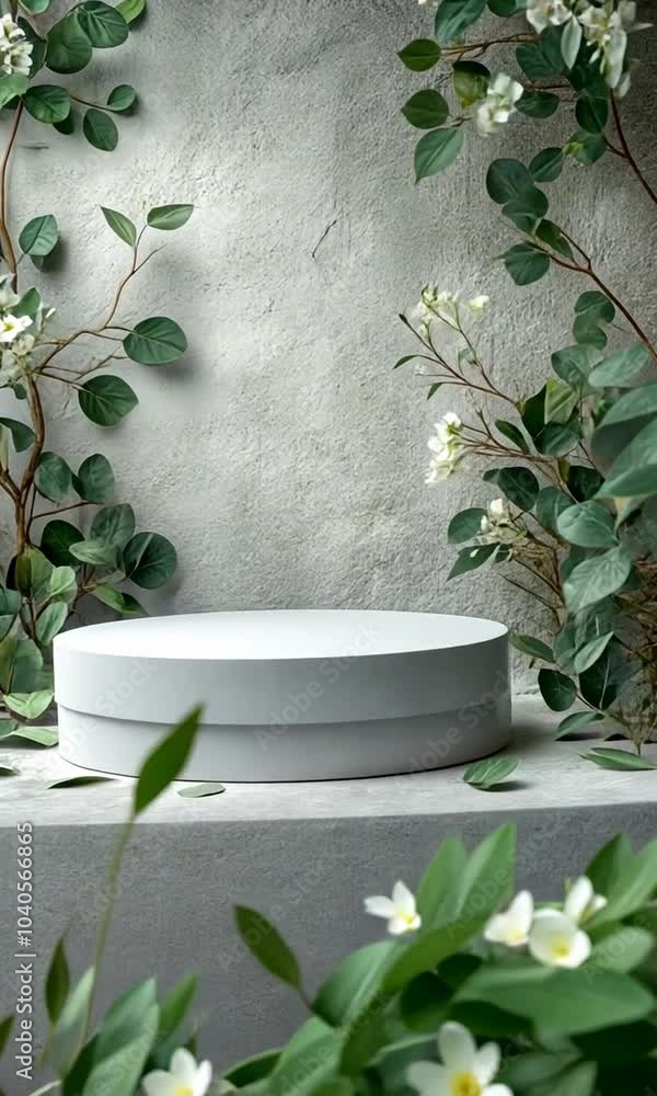 A serene backdrop with greenery and white flowers for displays. A serene backdrop with greenery and white flowers for displays.